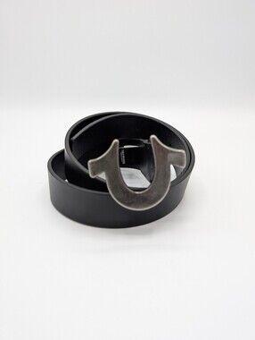 True Religion Belt 36 Black Faux Leather  with Silver Horseshoe Buckle